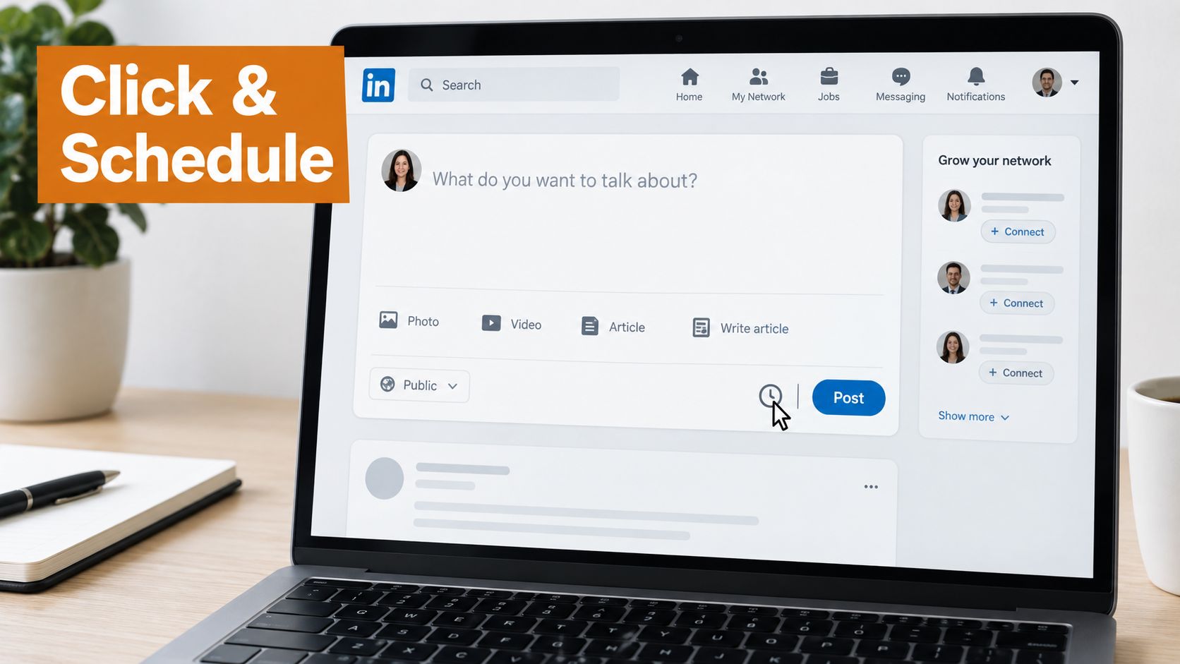 A laptop screen displaying a LinkedIn post editor window with a cursor highlighting the post scheduling clock icon.