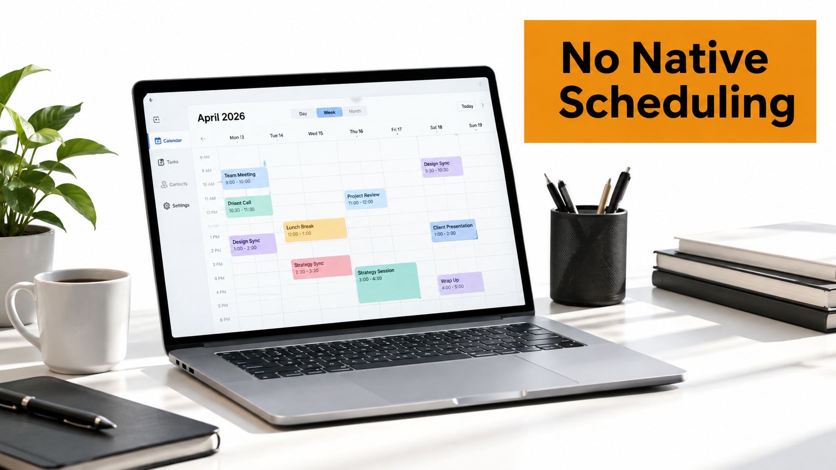A modern laptop on a desk displaying a digital calendar interface with scheduled daily work events.