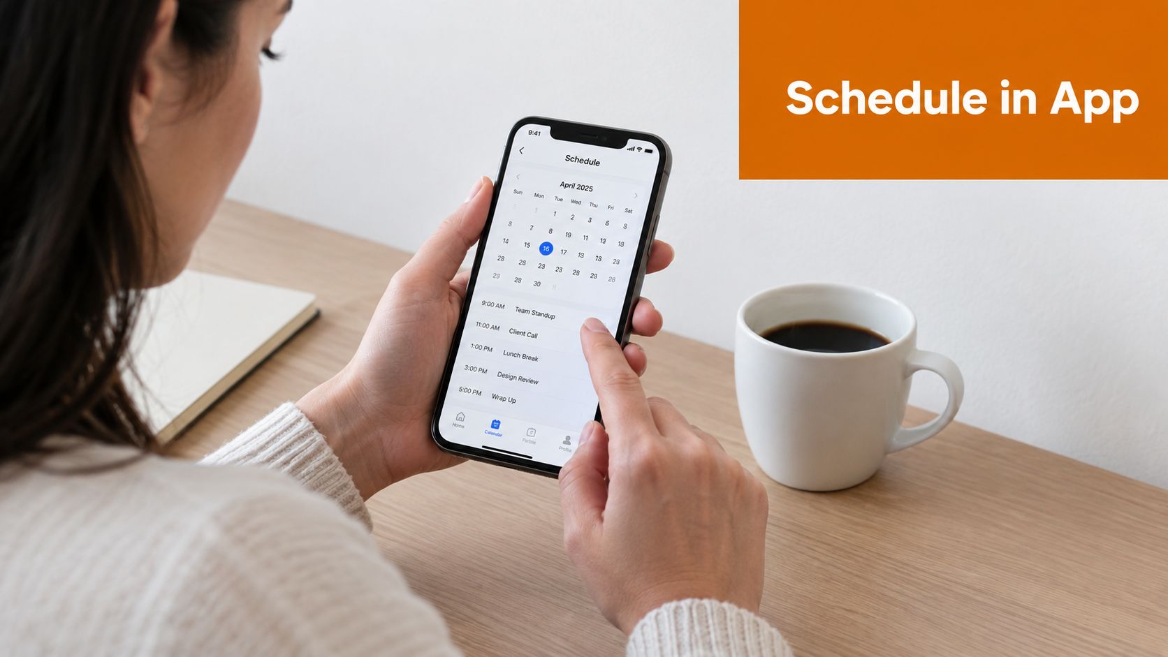 A woman using a smartphone to check her daily calendar schedule in a mobile application.