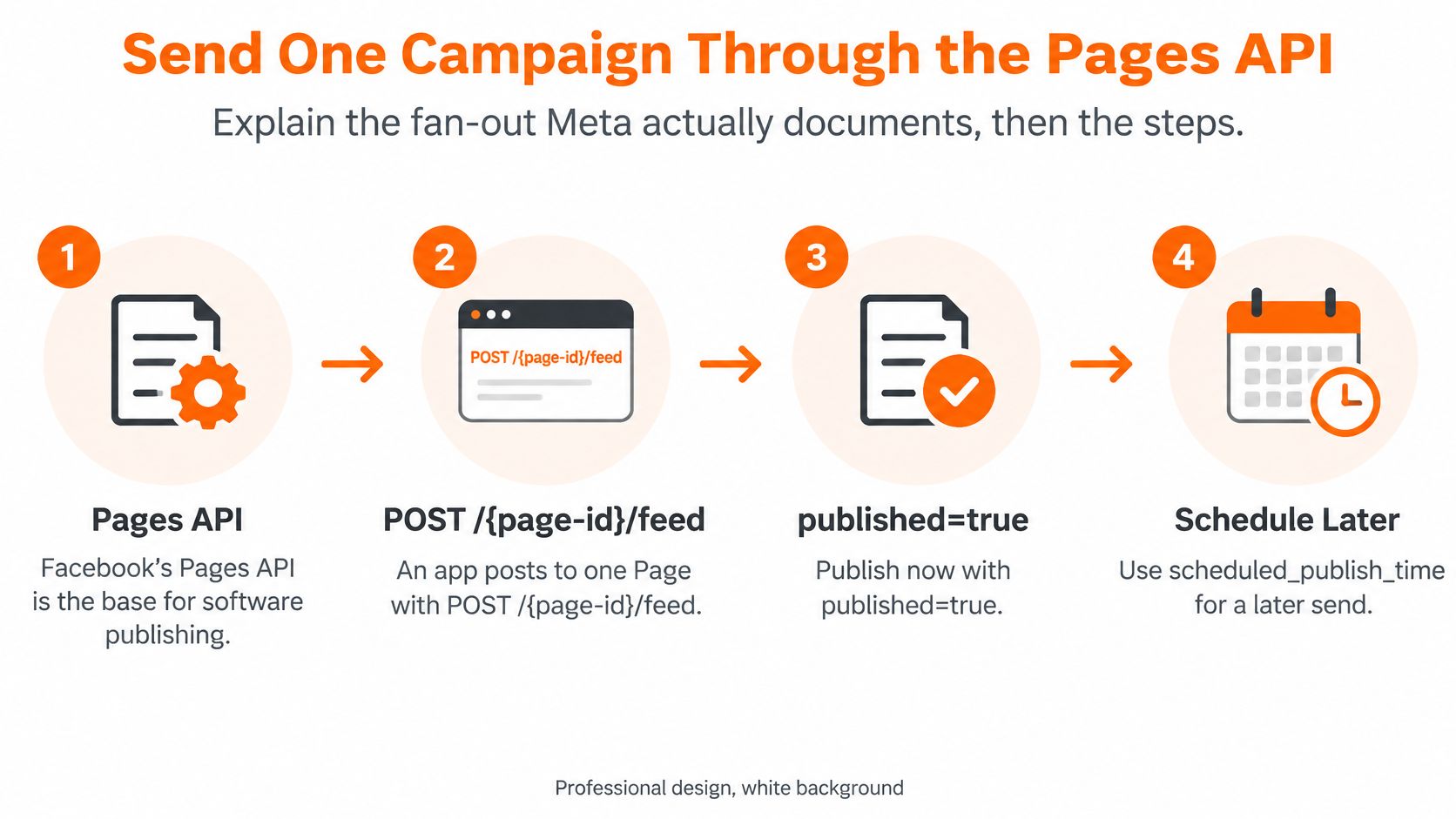 A four-step infographic explaining how to publish a campaign using the Meta Pages API for social media.
