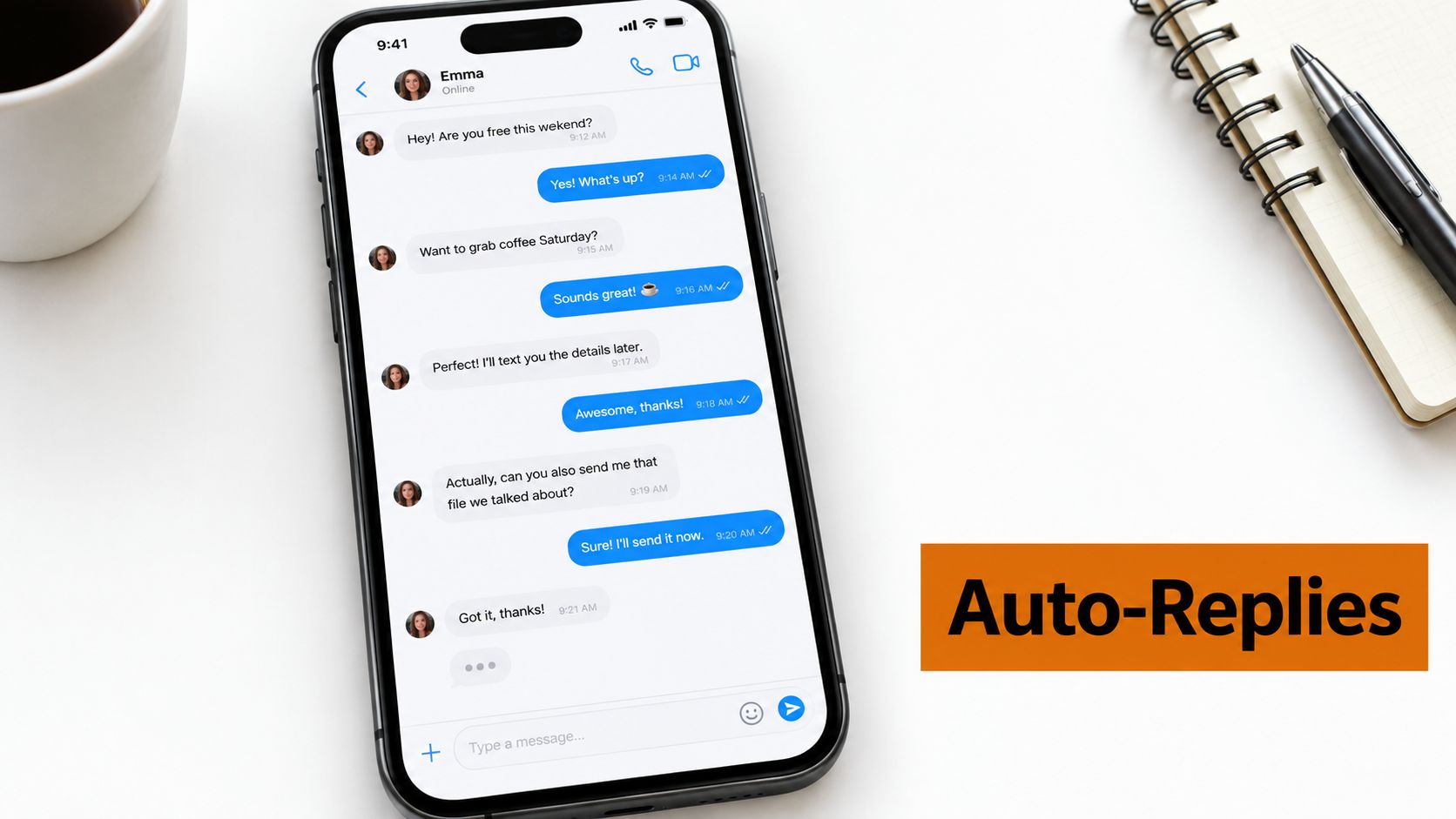 A smartphone screen displaying a chat conversation with auto-replies, set on a clean office desk background.