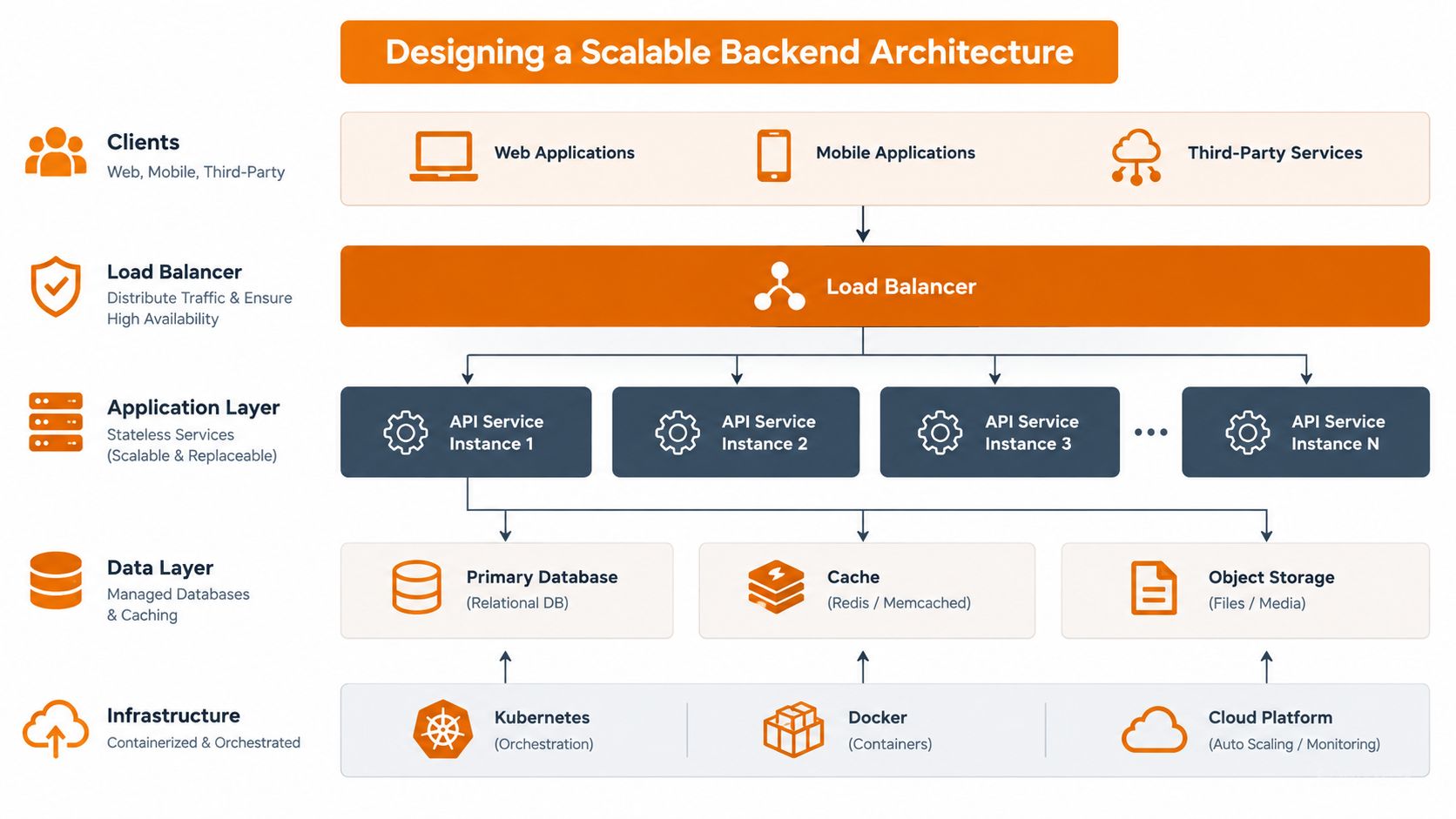 A diagram illustrating a scalable backend architecture including clients, a load balancer, application services, and infrastructure components.