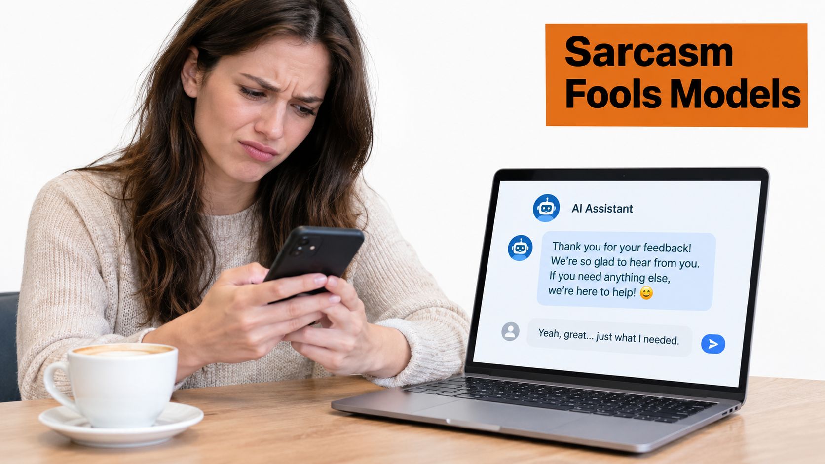 A frustrated woman looking at her smartphone while an AI assistant laptop chat shows a sarcastic response.