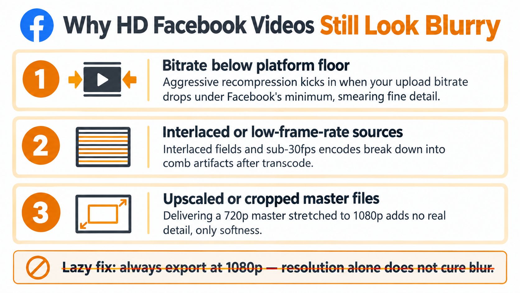 An infographic titled Why HD Facebook Videos Still Look Blurry, listing three reasons for poor video quality.
