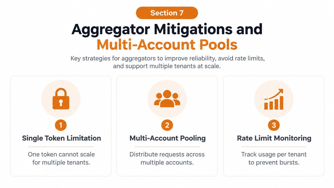 A diagram outlining key strategies for aggregators to manage API rate limits and scale for multiple tenants.