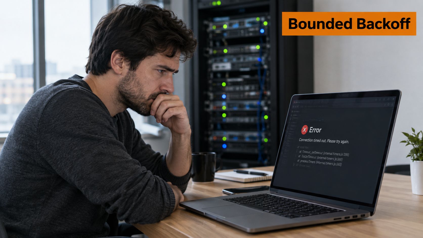 A focused man looking at a laptop screen showing a connection timed out error message