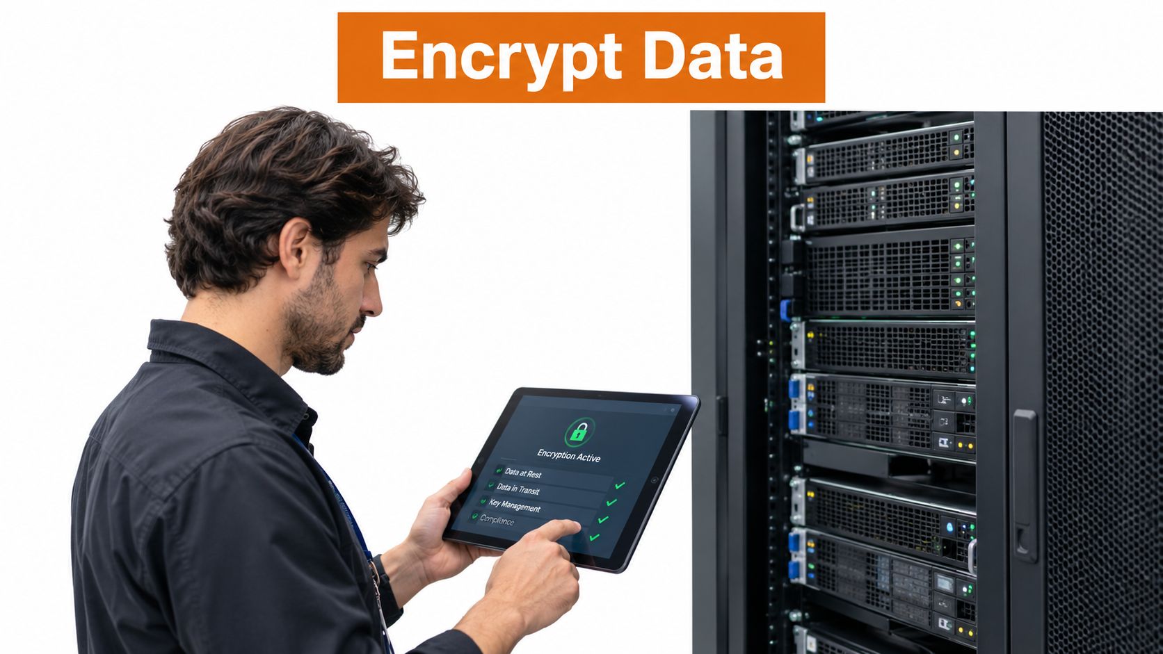 A technician manages server data encryption settings using a tablet in front of a server rack.