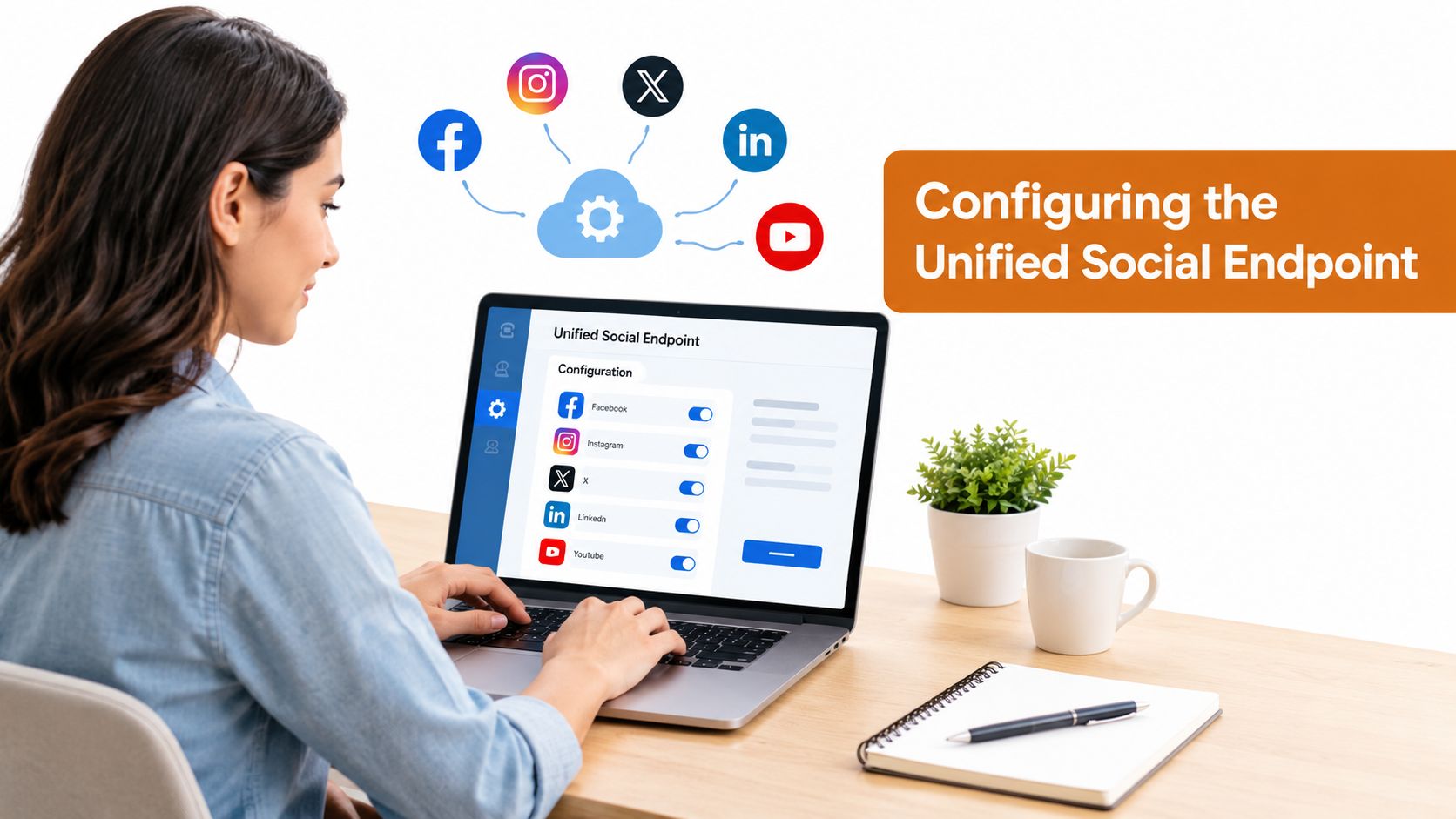 A woman using a laptop to configure social media integrations within a unified software dashboard interface.