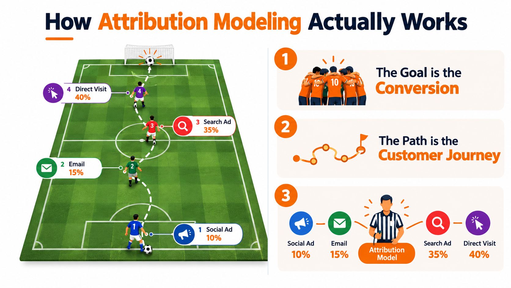 A soccer field diagram illustrating how marketing attribution modeling assigns credit to different customer journey touchpoints.