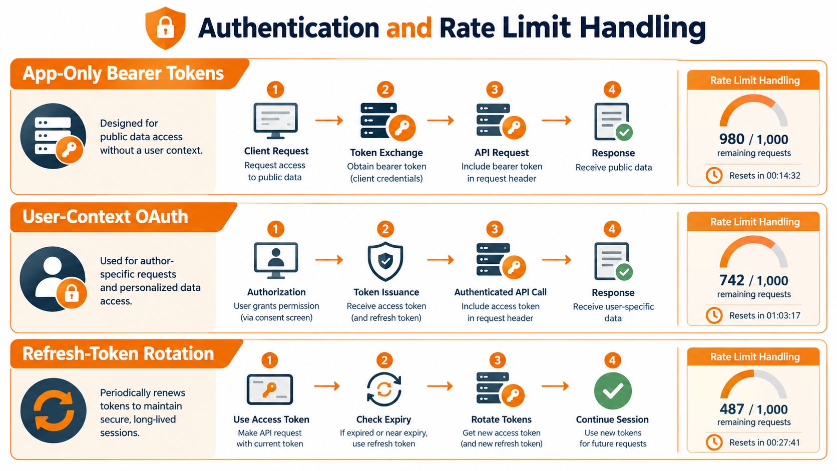 A diagram illustrating authentication methods and rate limit handling for API requests in three different scenarios.