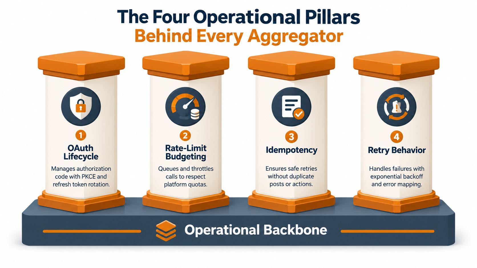 An infographic showing the four operational pillars of a social media API aggregator: OAuth, Rate-Limit, Idempotency, and Retry.