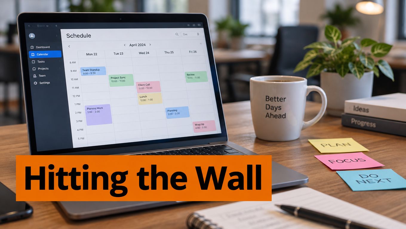 A modern laptop displaying a weekly calendar schedule on a desk with a mug and sticky notes.