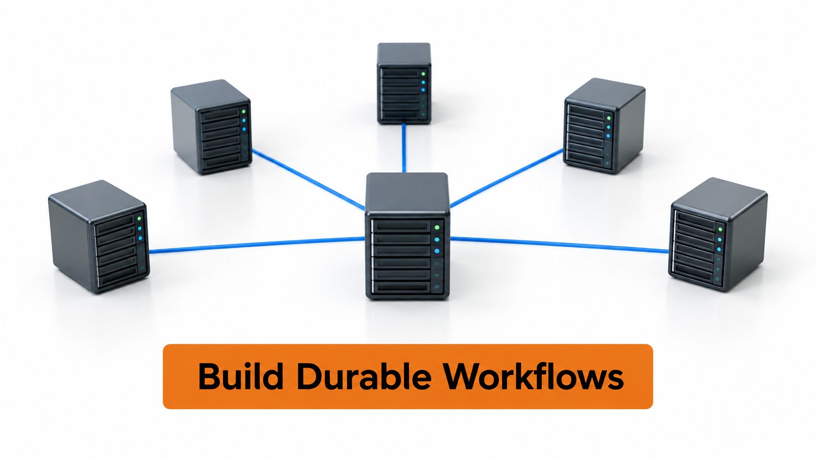 A digital illustration of a central server connected to five peripheral servers representing distributed network infrastructure.