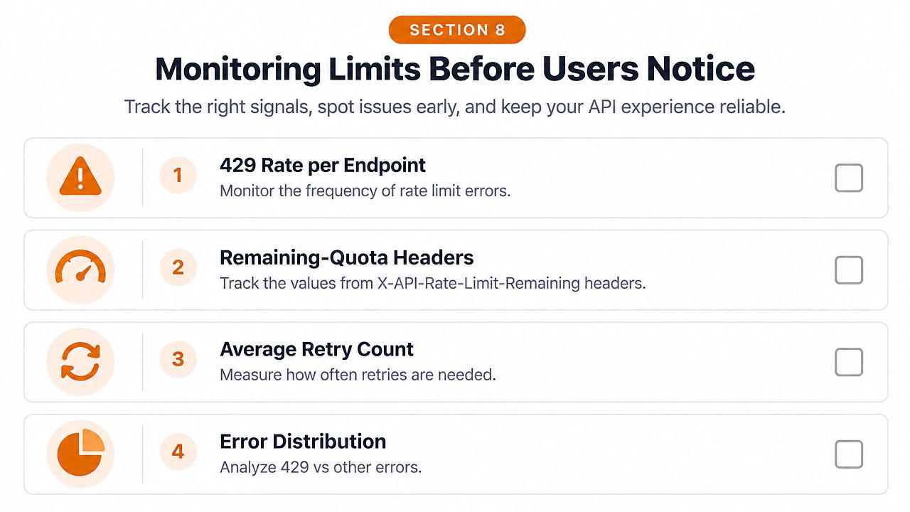 A checklist showing four key metrics to monitor for tracking API rate limits before users experience errors.