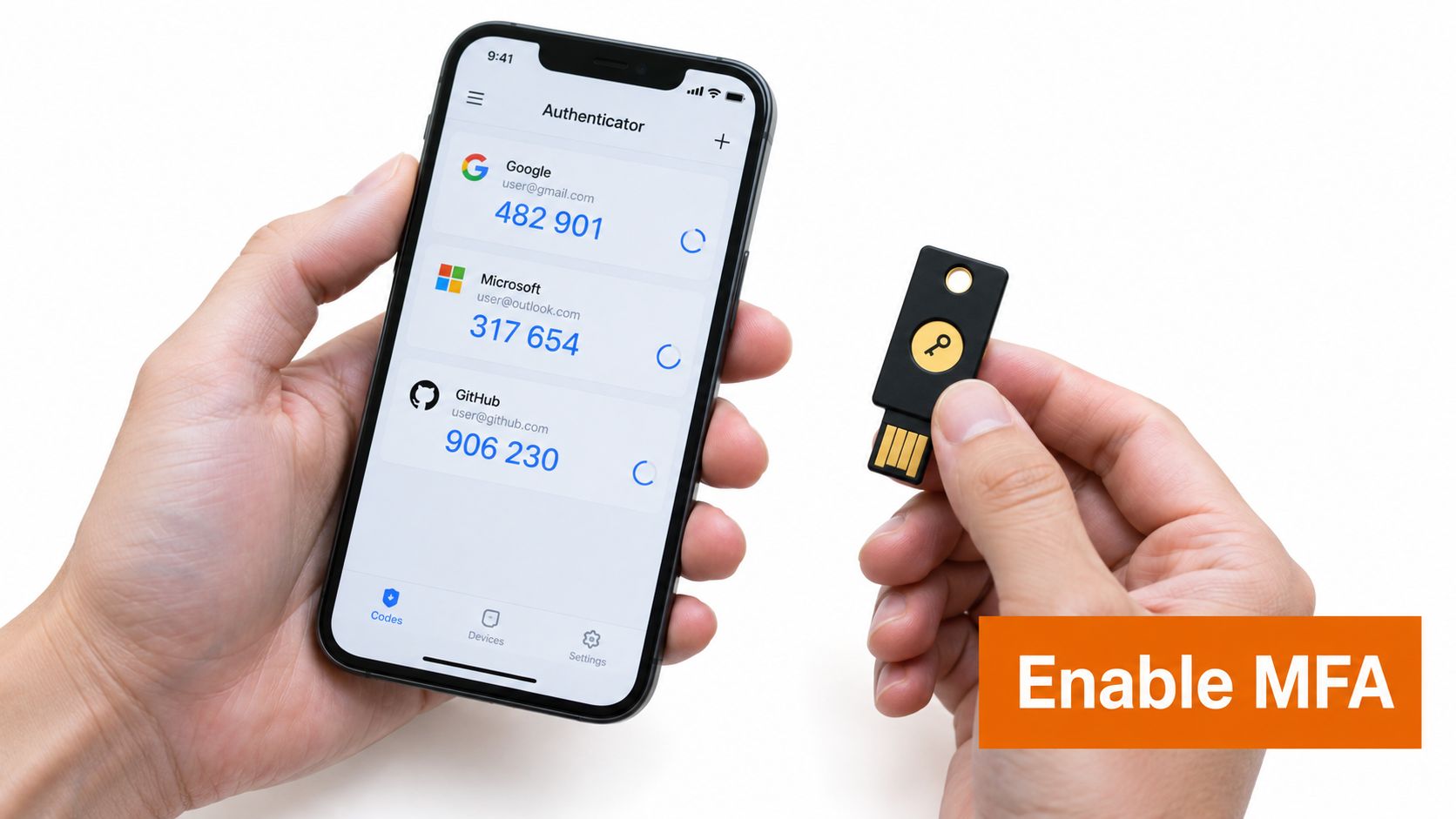 A person holding a smartphone showing authenticator codes alongside a hardware security key for two-factor authentication.