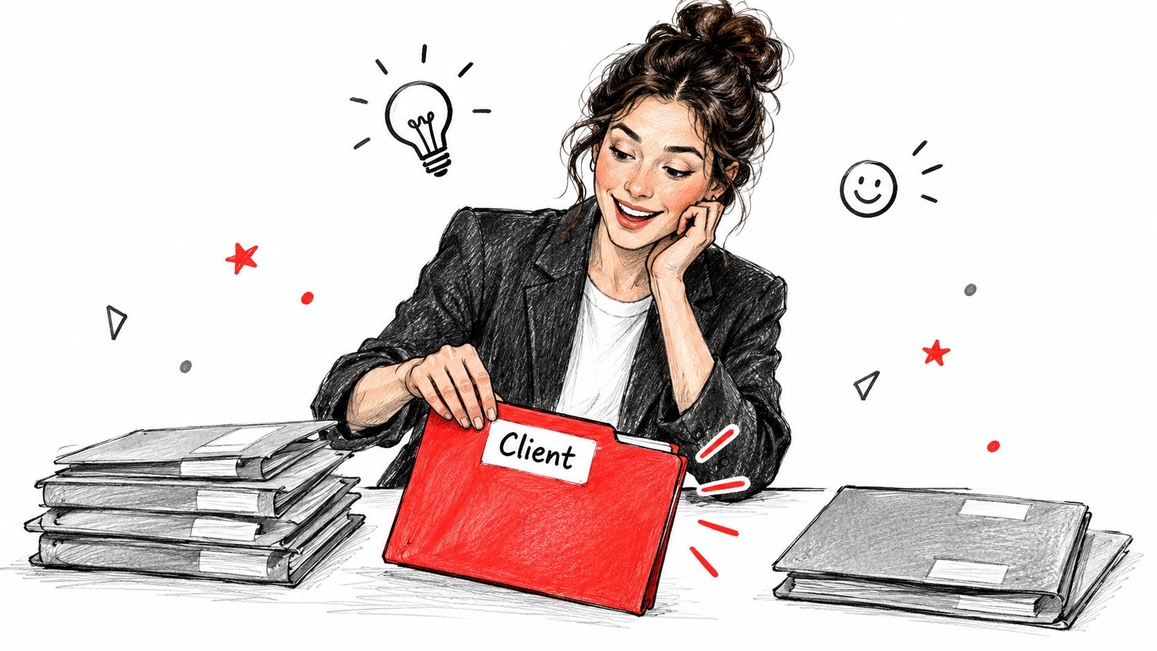 A professional woman organizing documents in a red folder labeled Client at her desk with a smile.
