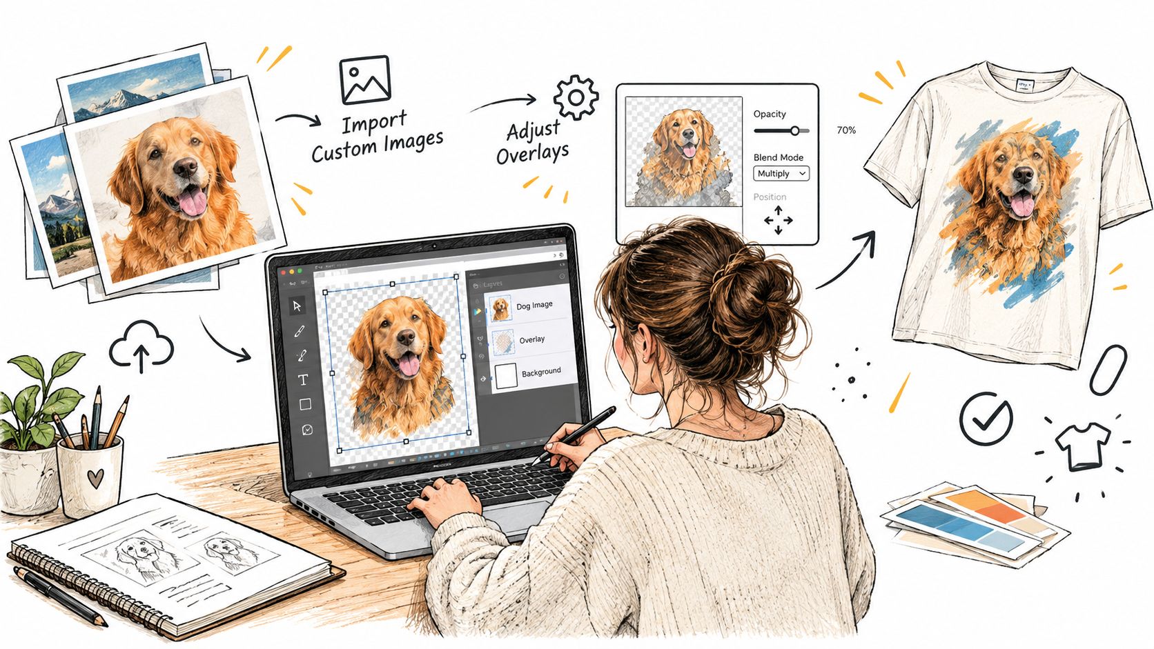 A digital artist uses a laptop to customize and design dog portrait graphics for custom t-shirts.