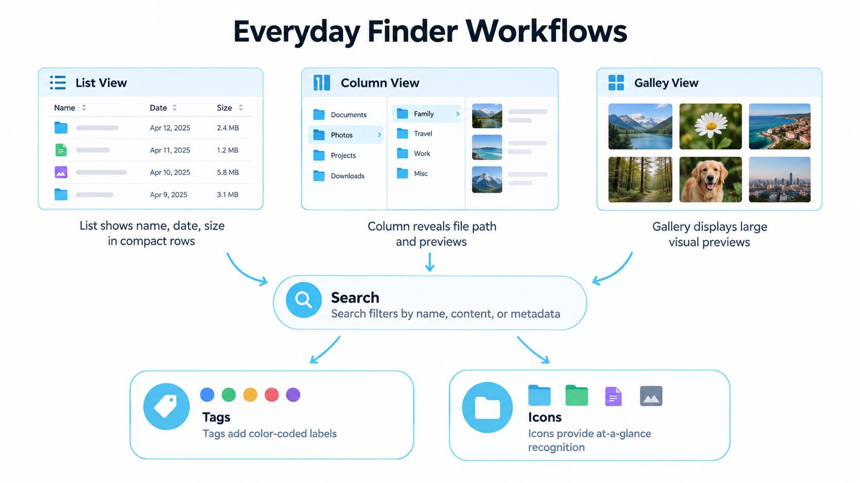 Infográfico que ilustra as várias visualizações do Finder no macOS, a busca, o sistema de etiquetas e o reconhecimento de ícones de arquivos.