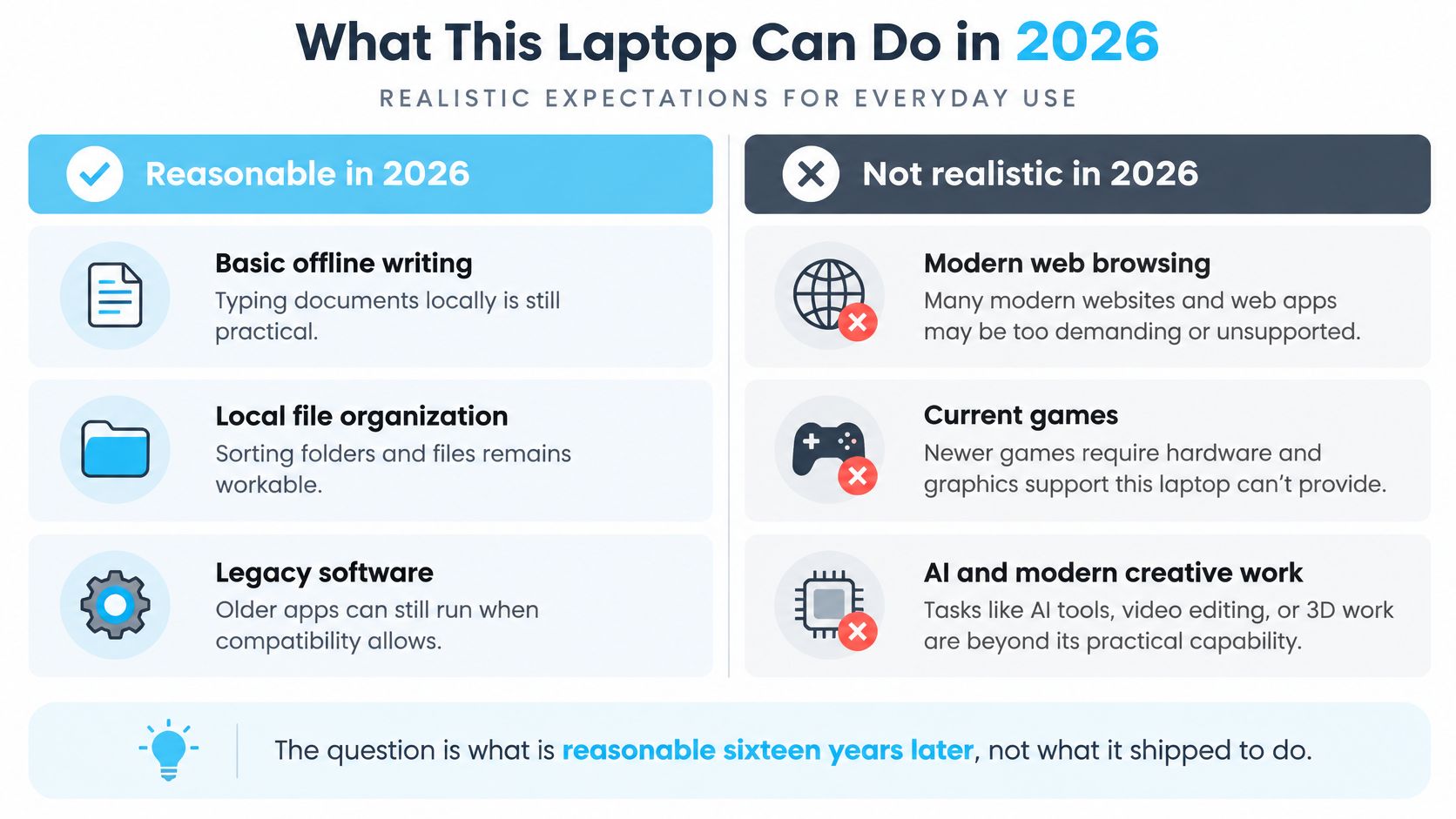 A comparison chart showing realistic and unrealistic tasks for an old laptop in the year 2026.