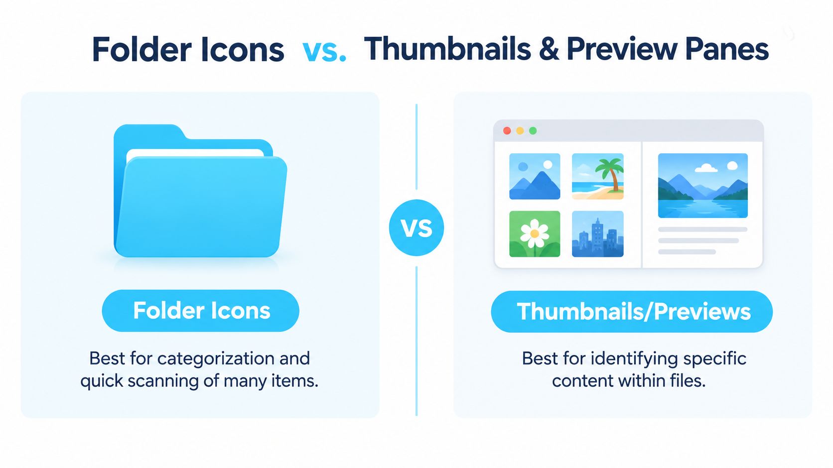 A comparison graphic showing folder icons for organization versus thumbnail previews for identifying specific file content.