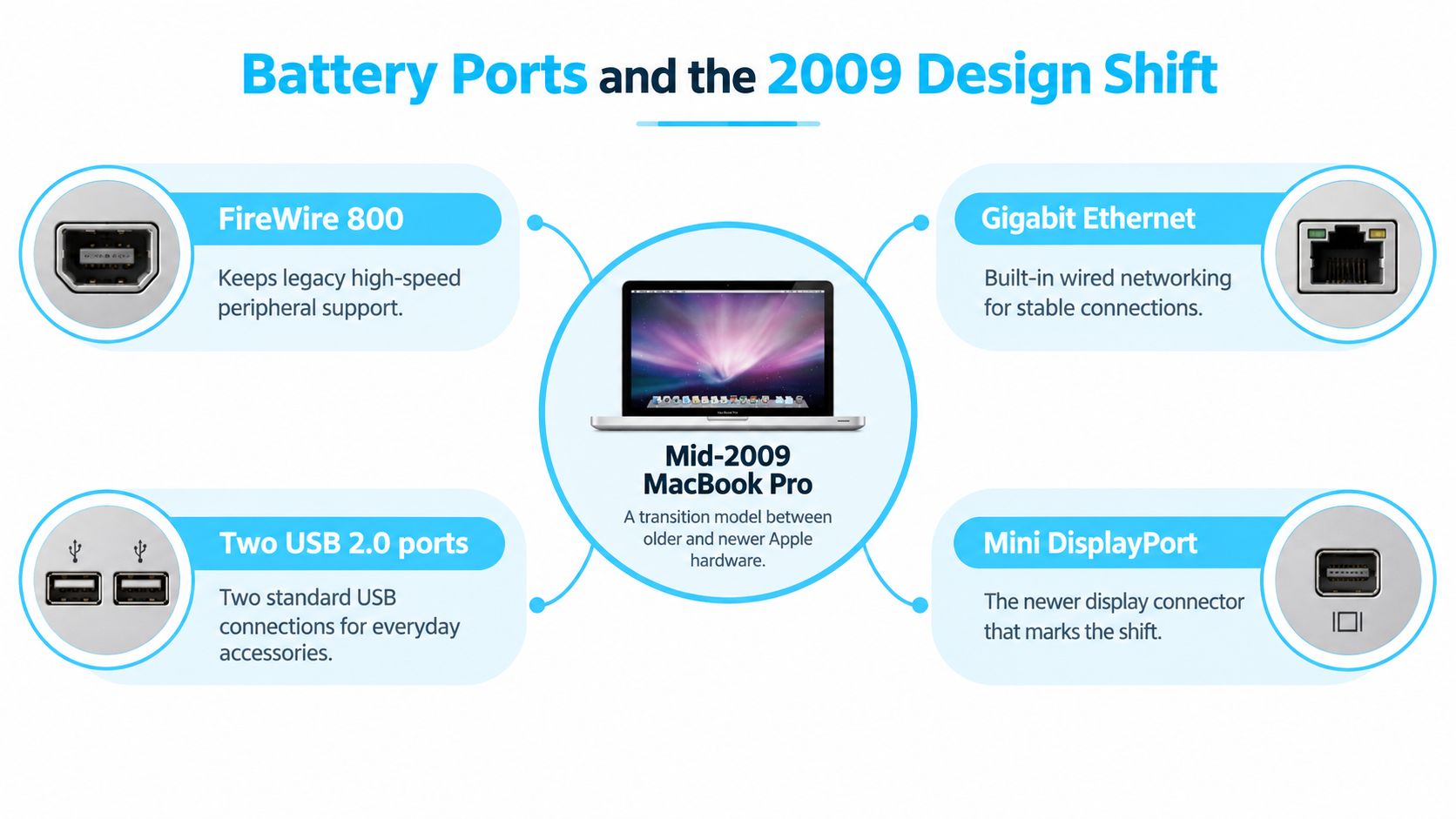 A diagram showcasing the various ports available on a Mid-2009 MacBook Pro laptop model.