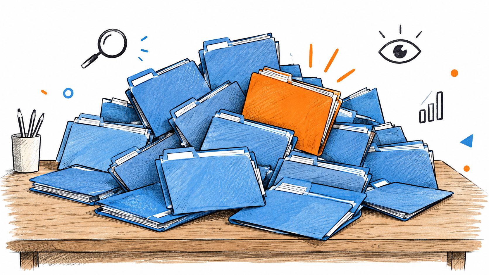 A stack of blue file folders on a wooden desk with one prominent orange folder on top.