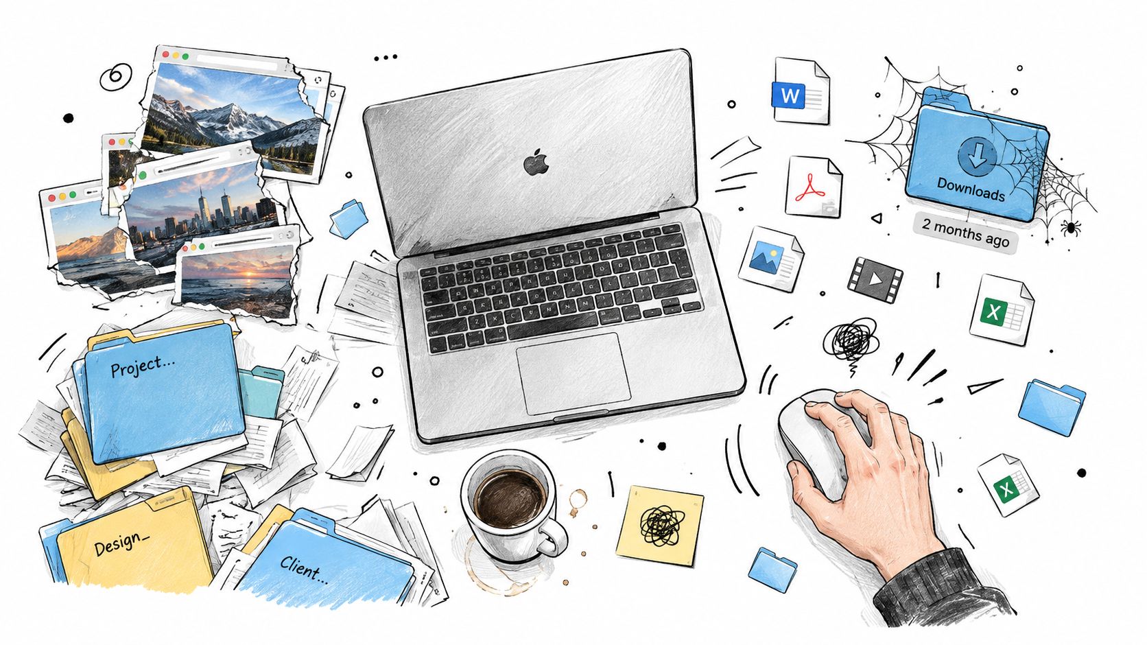 A hand using a computer mouse on a cluttered desk with a laptop, files, and folders.
