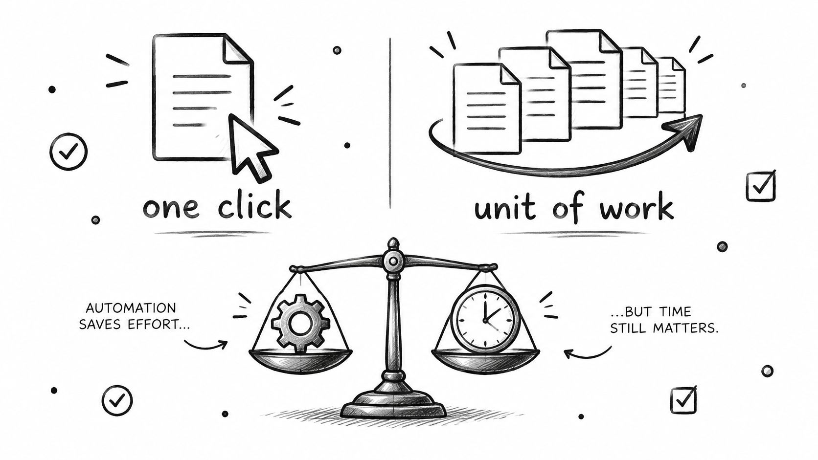 Eine handgezeichnete Illustration, die Einzelklick-Automatisierung mit der Batch-Arbeitseinheit vergleicht und Aufwand gegen Zeiteffizienz stellt.