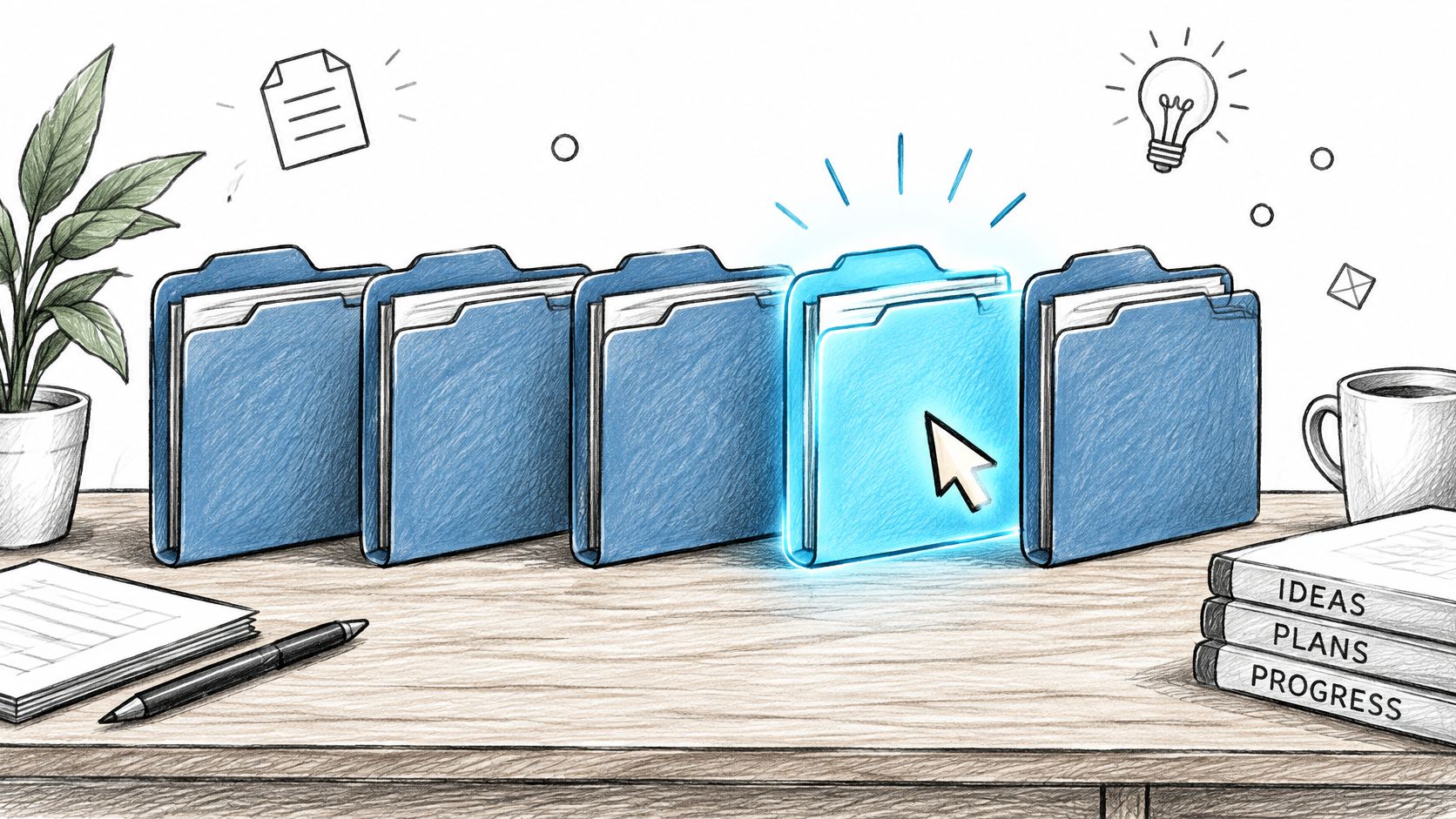 Illustration de classeurs de bureau bleus posés sur un bureau, avec un curseur qui sélectionne l'un des dossiers.