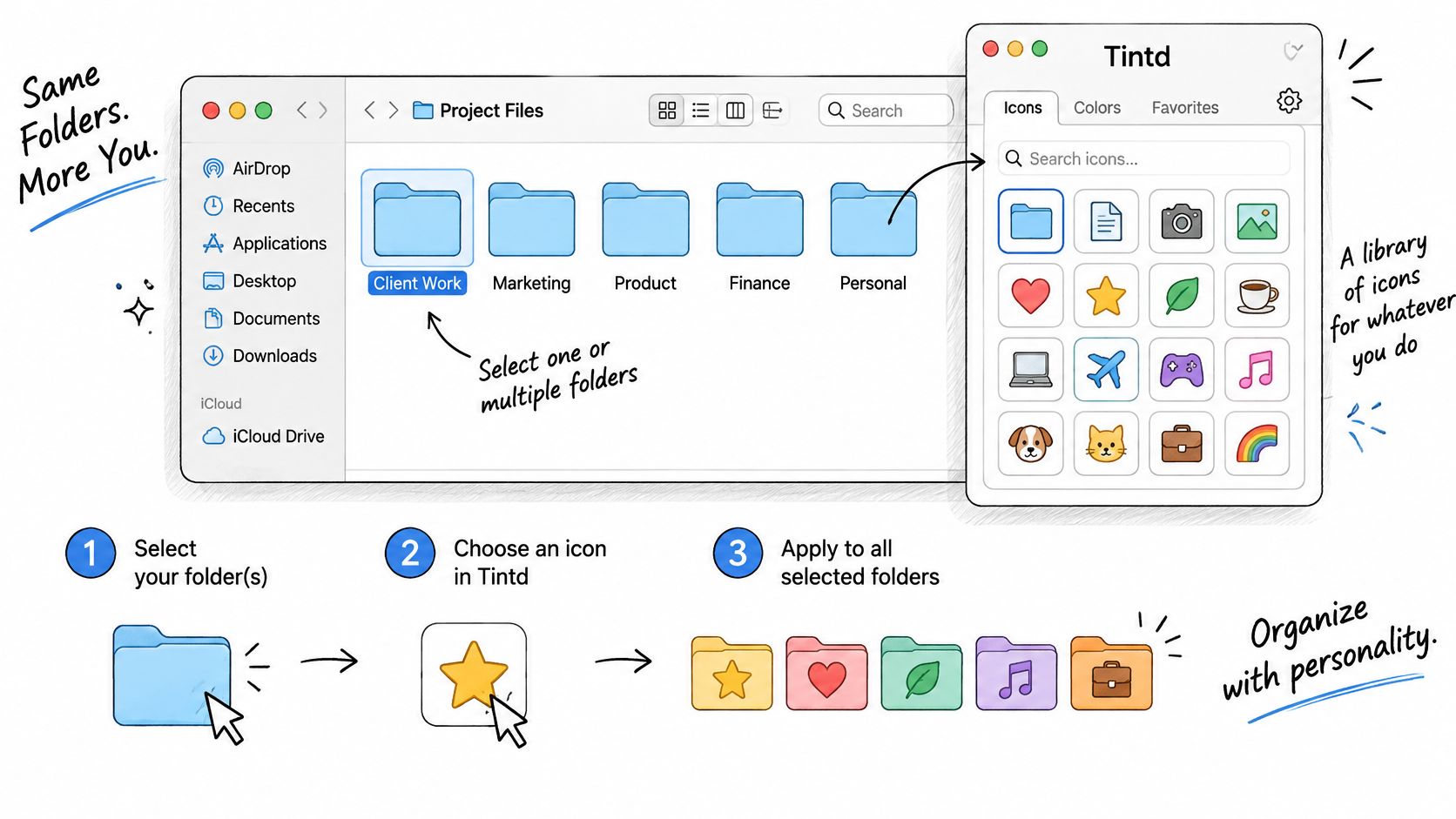 Un'illustrazione che mostra come personalizzare le icone delle cartelle del Mac con l'interfaccia e il flusso di lavoro dell'app Tintd.