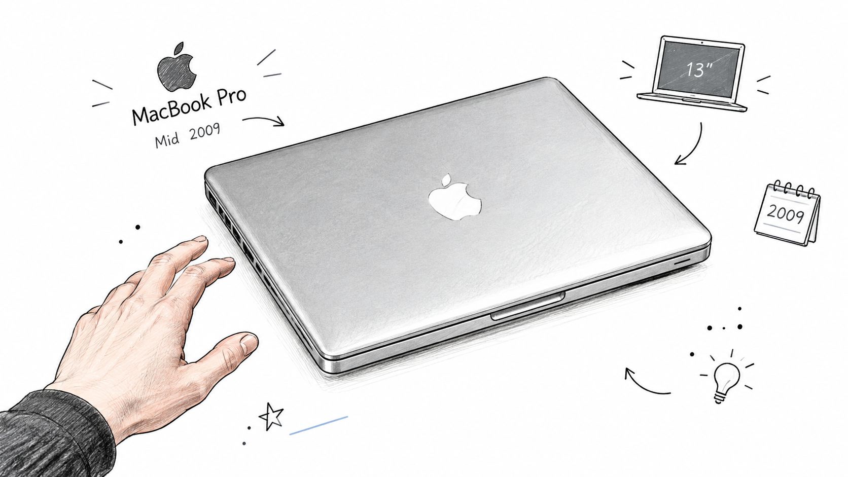 A hand reaching towards a sketch-style drawing of a MacBook Pro laptop from mid 2009.