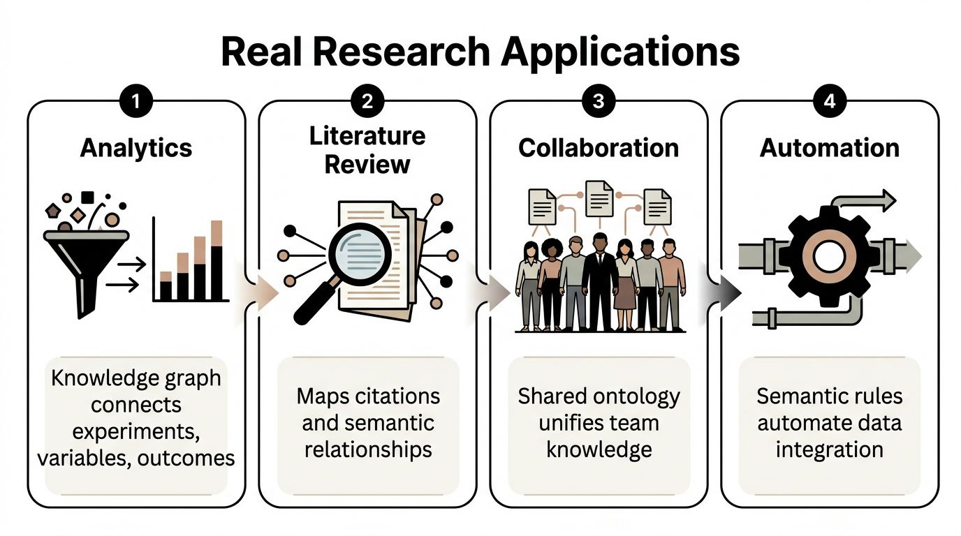 A diagram outlining four real research applications including analytics, literature review, collaboration, and automation using semantic technology.