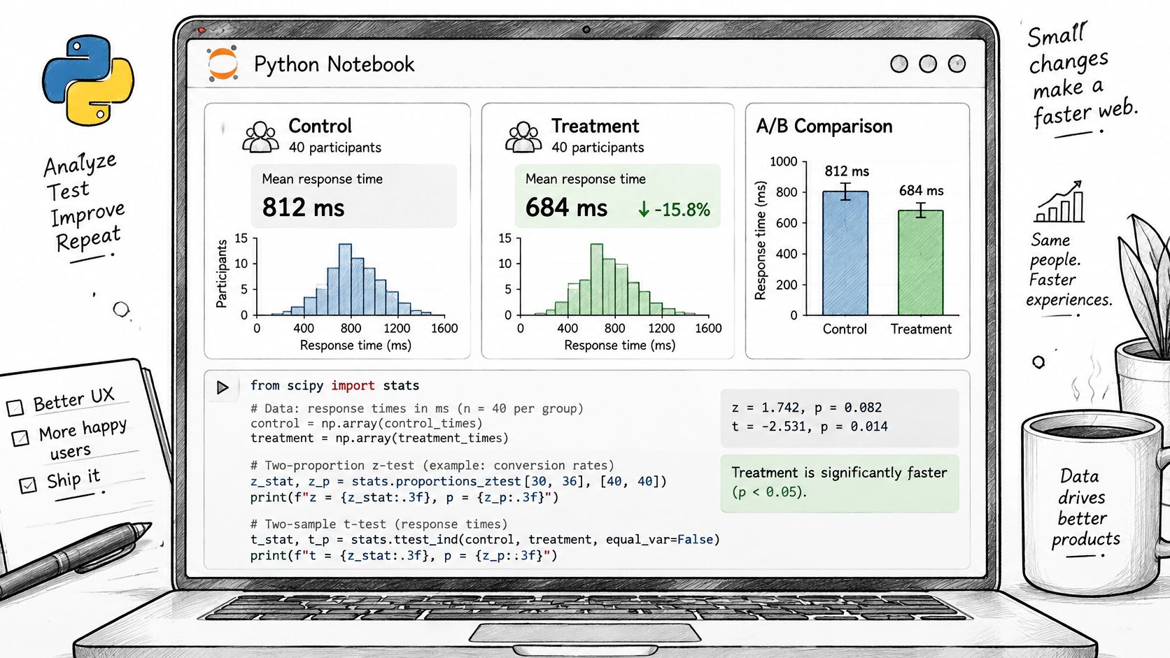A digital illustration showing a Python notebook performing an A/B test analysis on response times for data science.