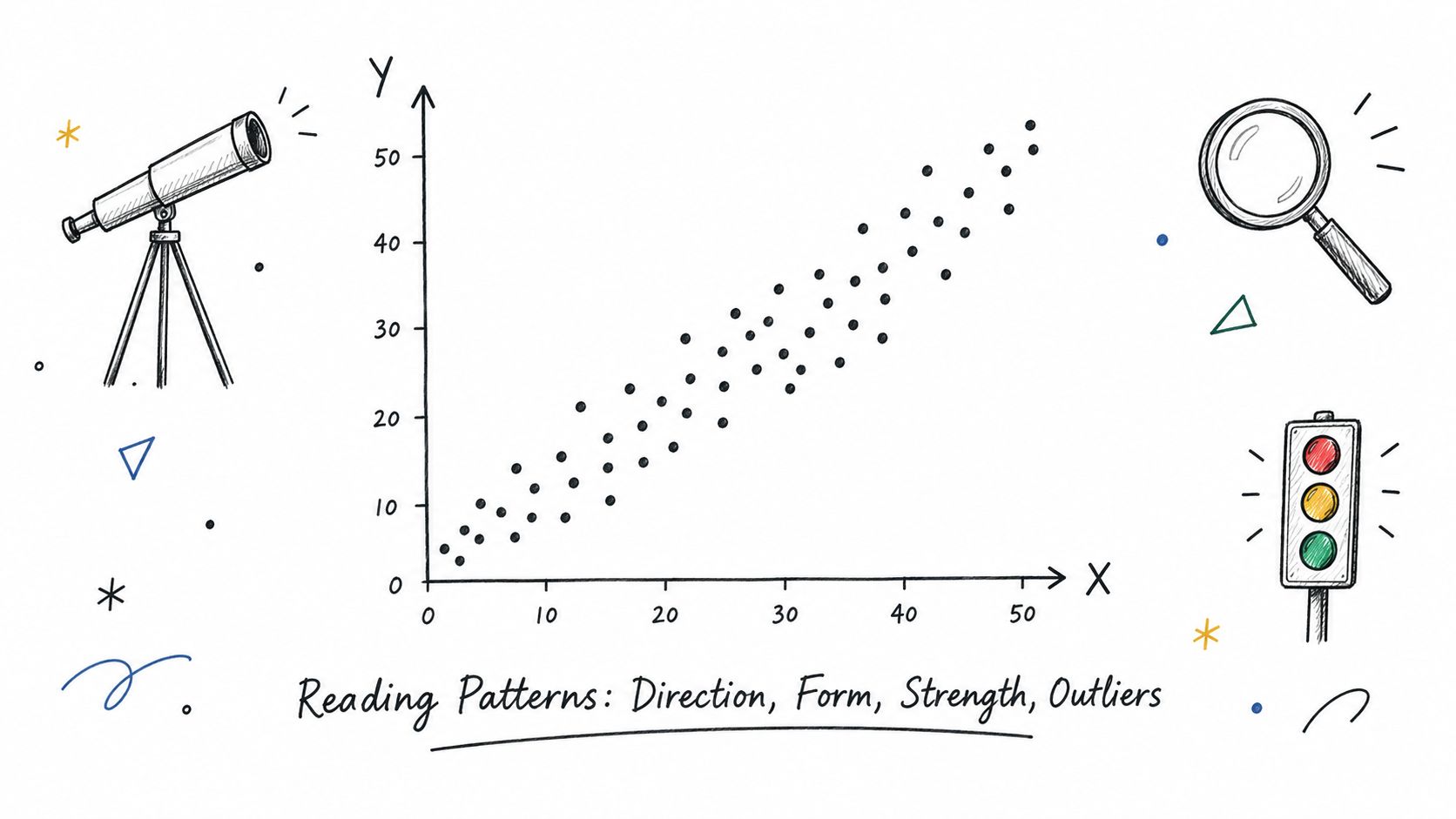 A hand-drawn scatter plot on a graph with X and Y axes showing positive linear correlation.