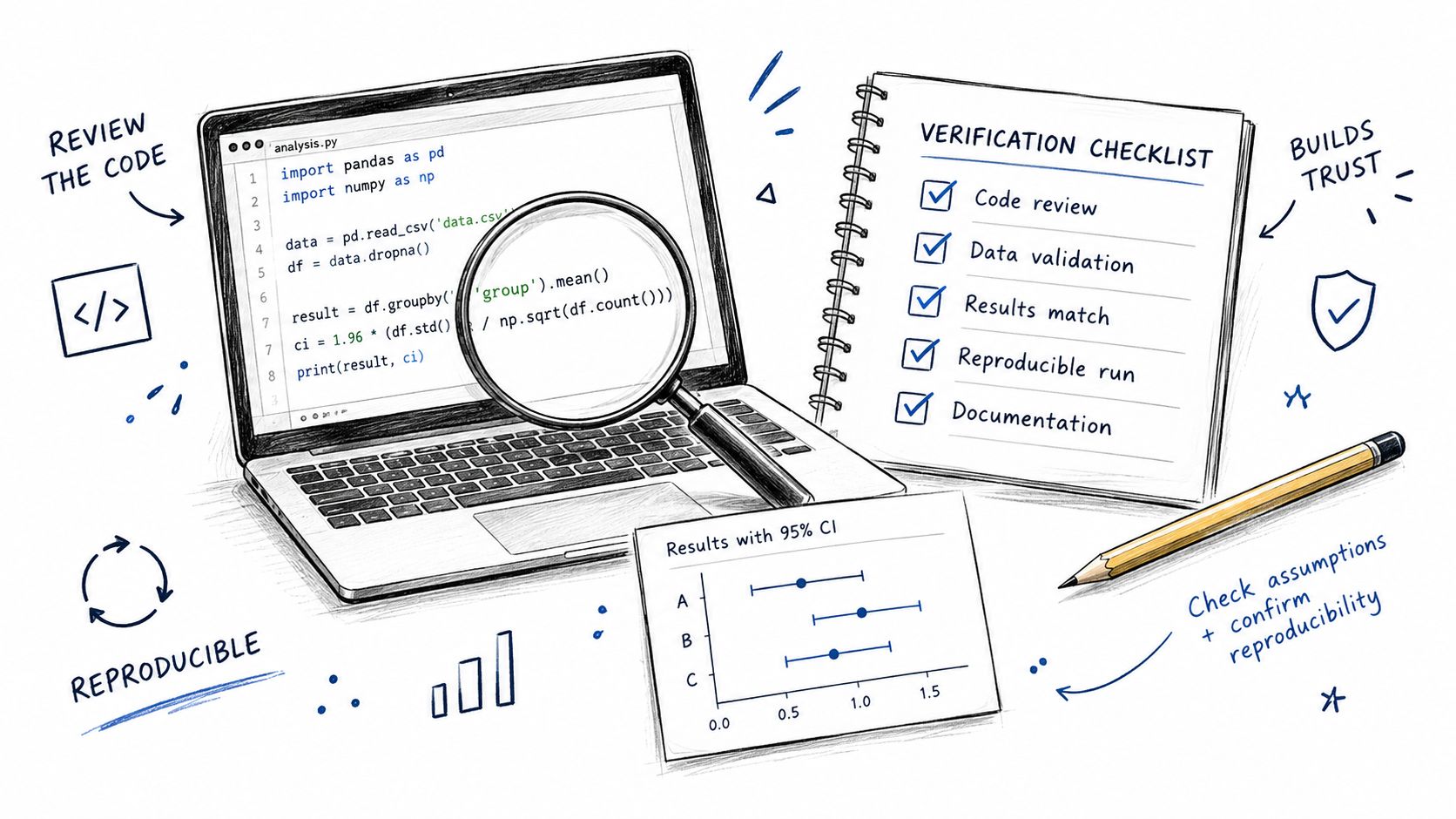 A hand-drawn illustration showing a laptop displaying data analysis code, a verification checklist, and a results chart.