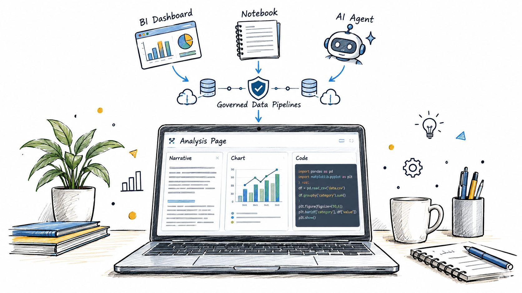 A hand-drawn illustration showing a laptop with data analysis tools connected to governed data pipelines.