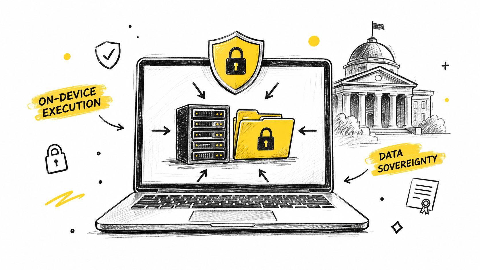 A hand-drawn illustration featuring a laptop, server, and folder icon, symbolizing on-device execution and data sovereignty.