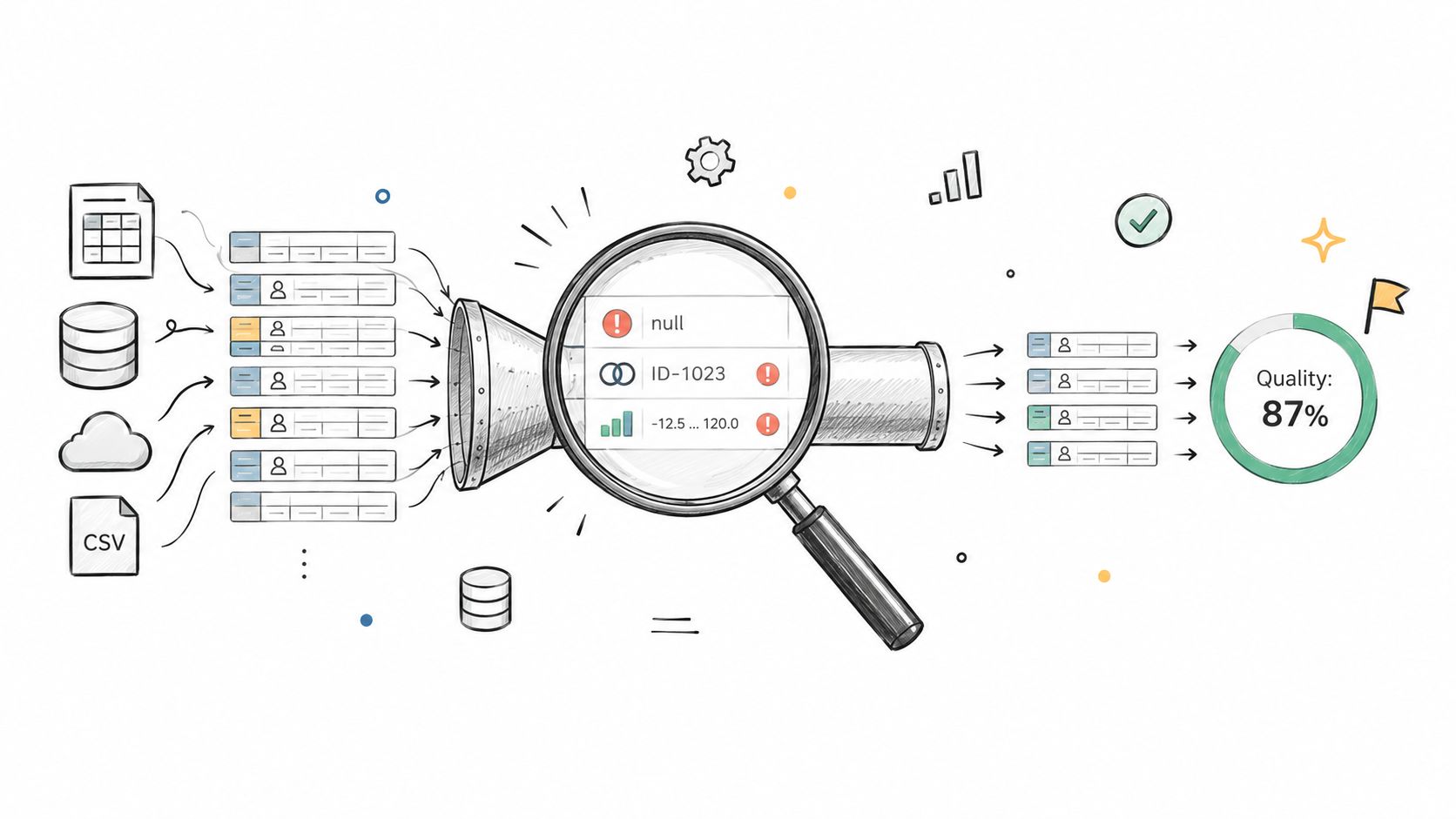 A hand-drawn illustration showing data integration and quality analysis using a magnifying glass on data streams.