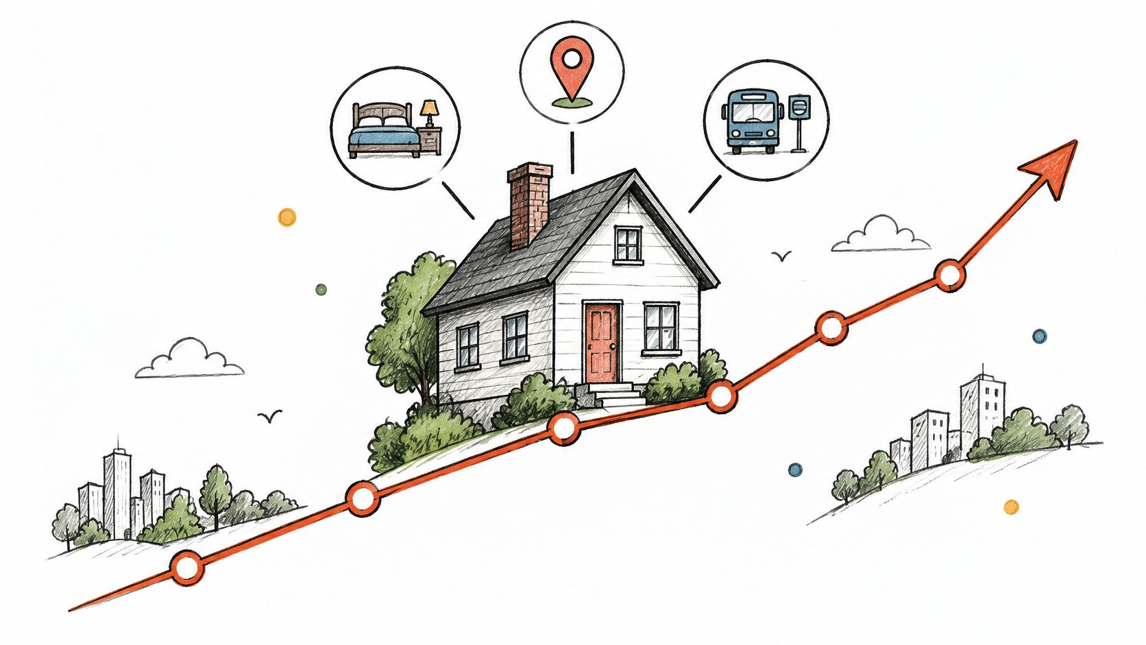 A house illustration placed on an upward trending line graph representing real estate property value growth.