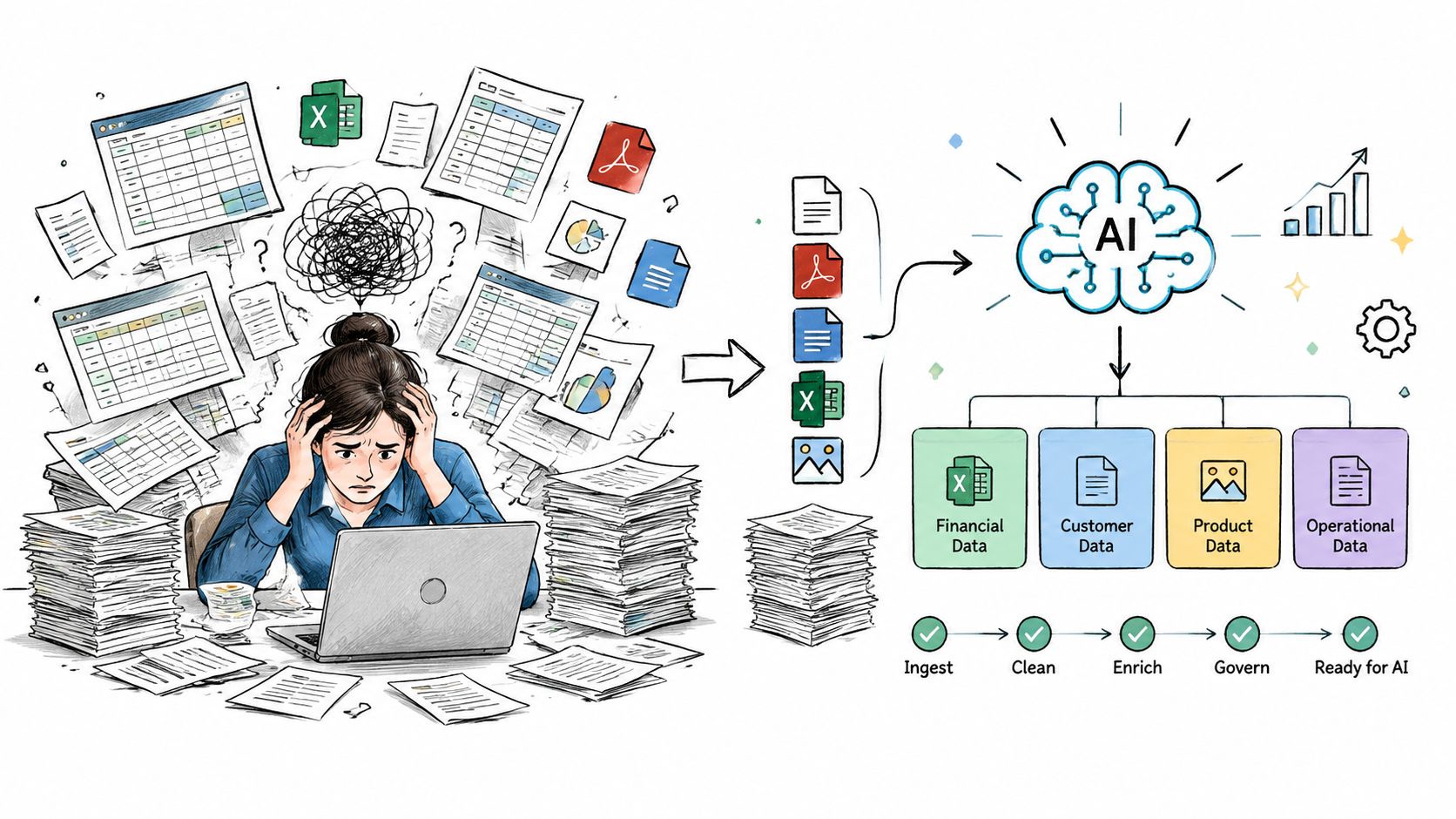 A woman overwhelmed by documents while an AI system processes and organizes raw data into structured categories.