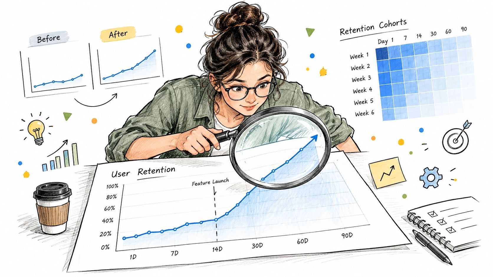 A product manager using a magnifying glass to analyze a user retention growth chart in her office.