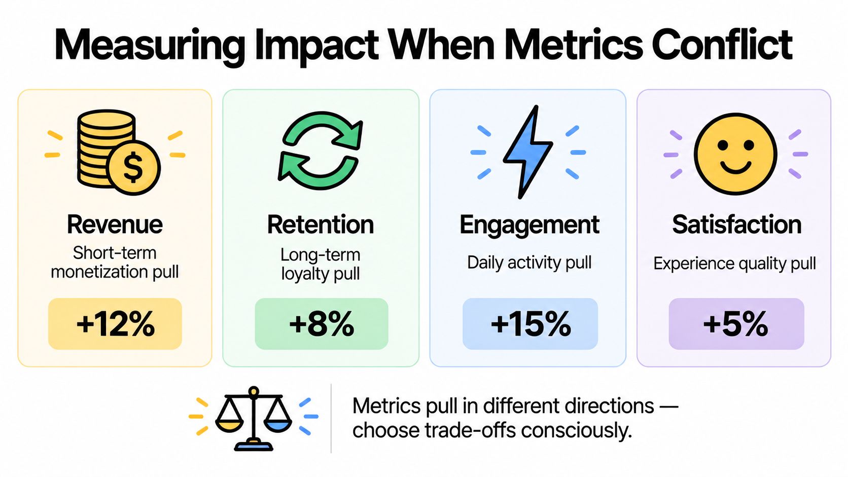 A diagram illustrating how to balance conflicting product metrics like revenue, retention, engagement, and customer satisfaction.