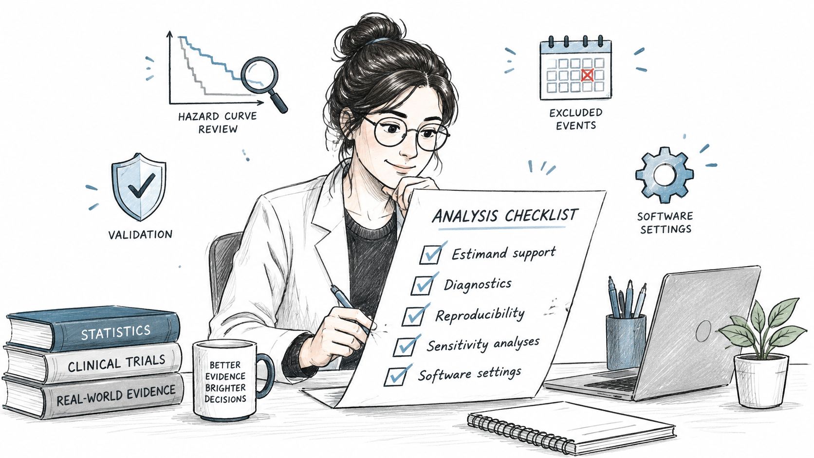 A professional researcher reviewing an analysis checklist for survival analysis software at a desk with books.