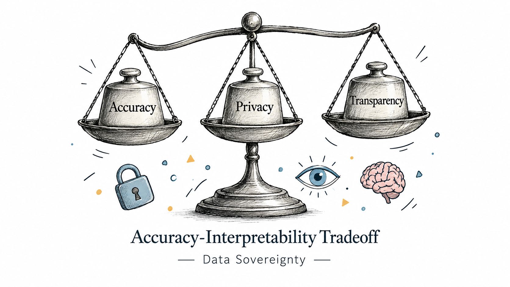 A digital illustration showing a balance scale weighing accuracy, privacy, and transparency, representing machine learning trade-offs.