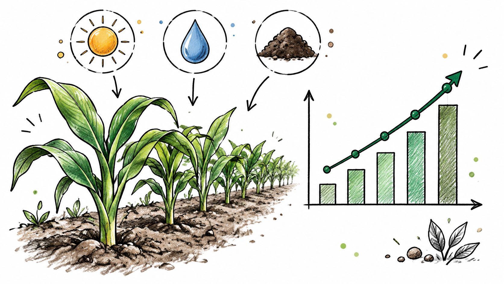 A hand-drawn illustration showing plants growing with water, sun, and soil, accompanied by a growth chart.