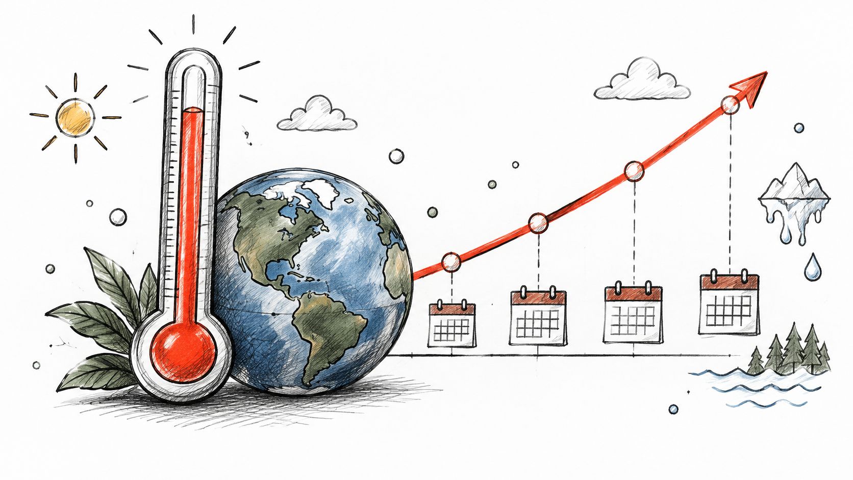 A hand-drawn illustration showing a thermometer, a globe, and an upward trend line representing global warming.