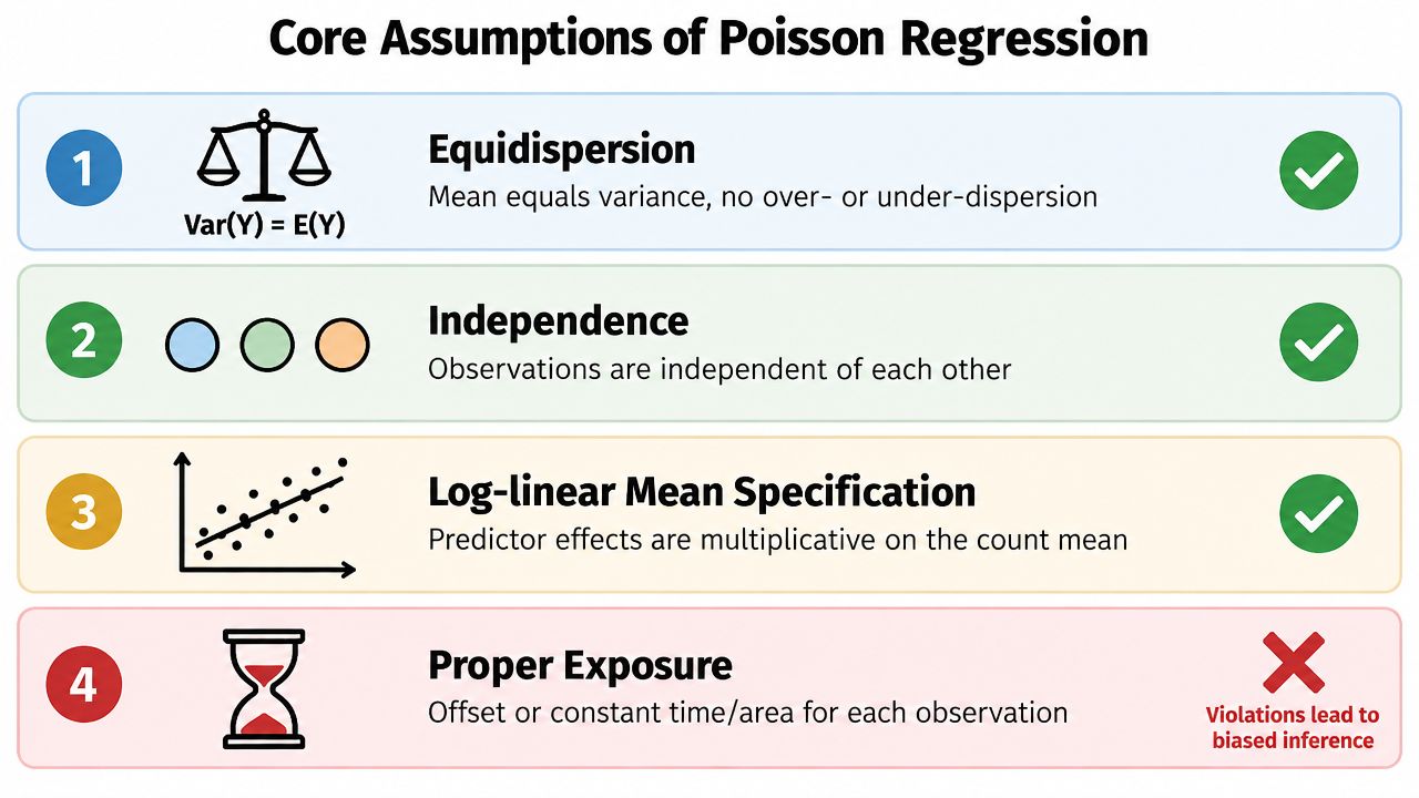 A diagram outlining the four core assumptions of Poisson regression, including equidispersion, independence, log-linear specification, and proper exposure.