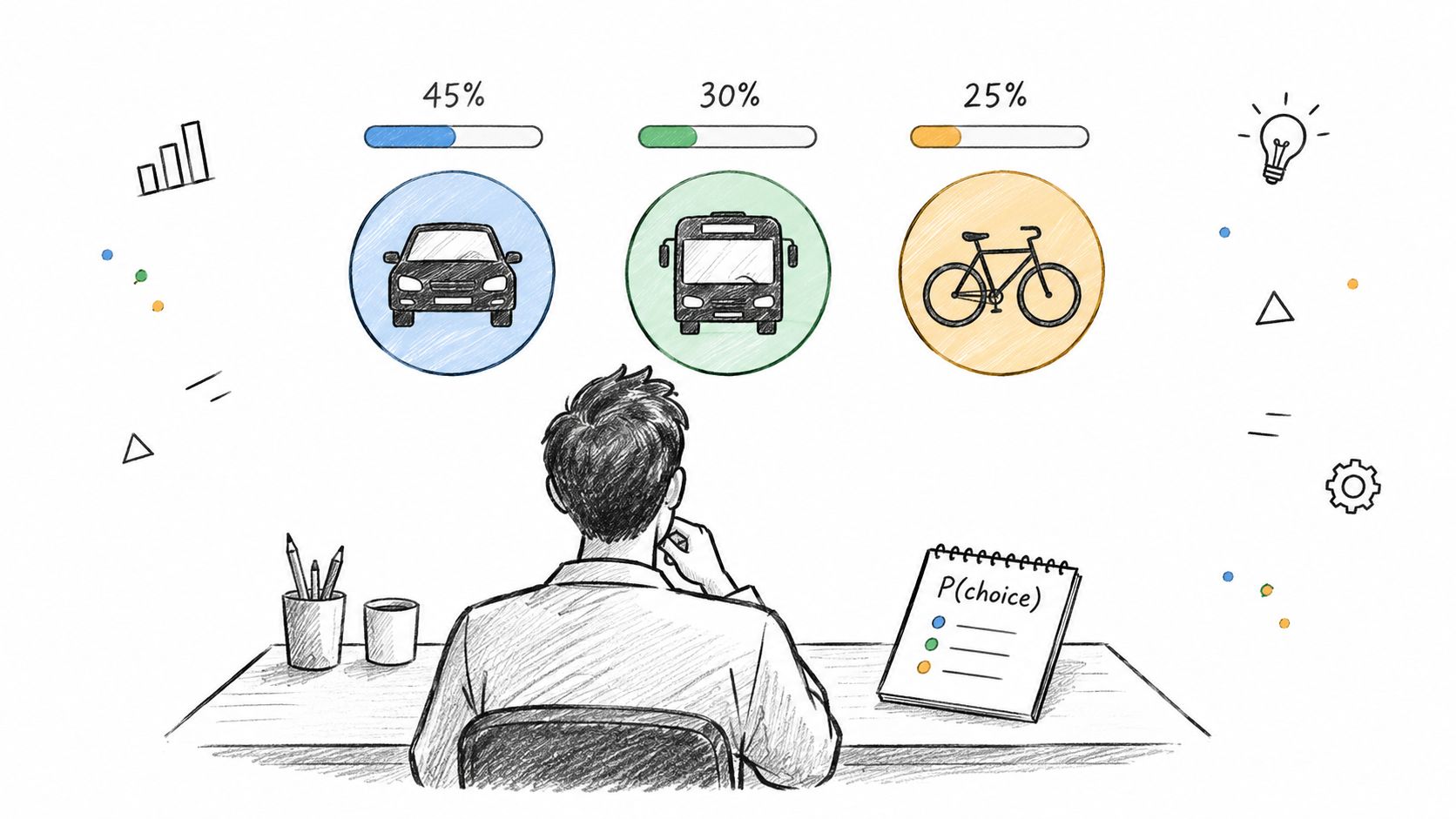 A sketched illustration of a person analyzing transportation options with percentage data visualized above icons of a car, bus, and bicycle.
