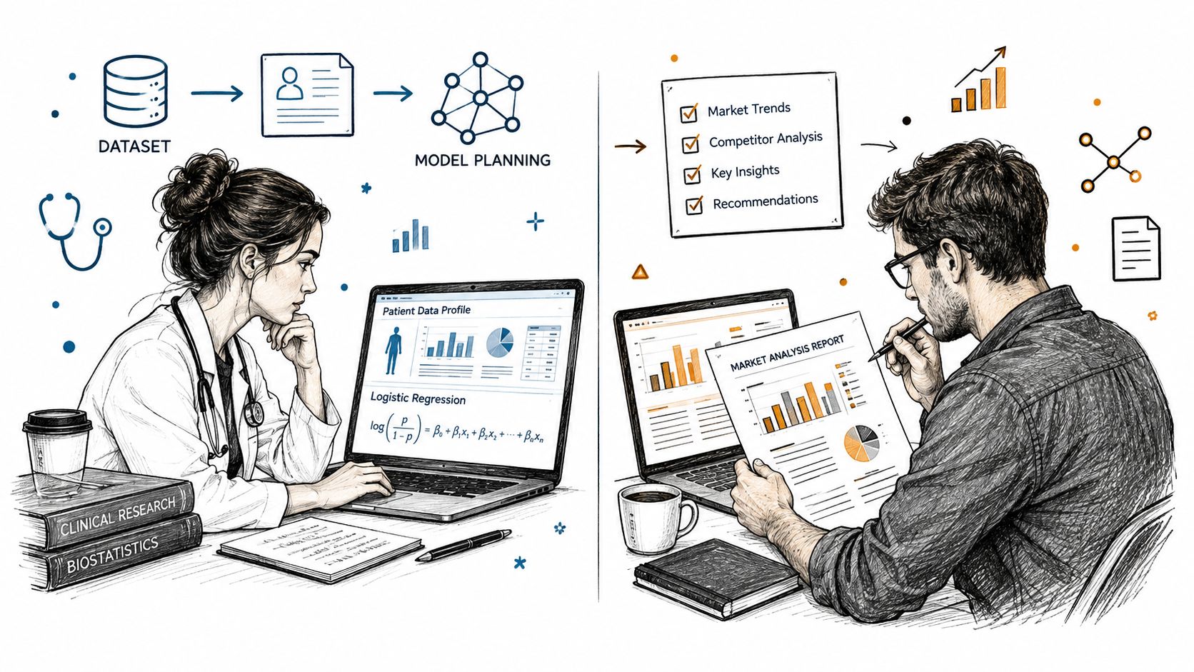A professional illustration showing a researcher analyzing patient data and a business analyst creating a market report.