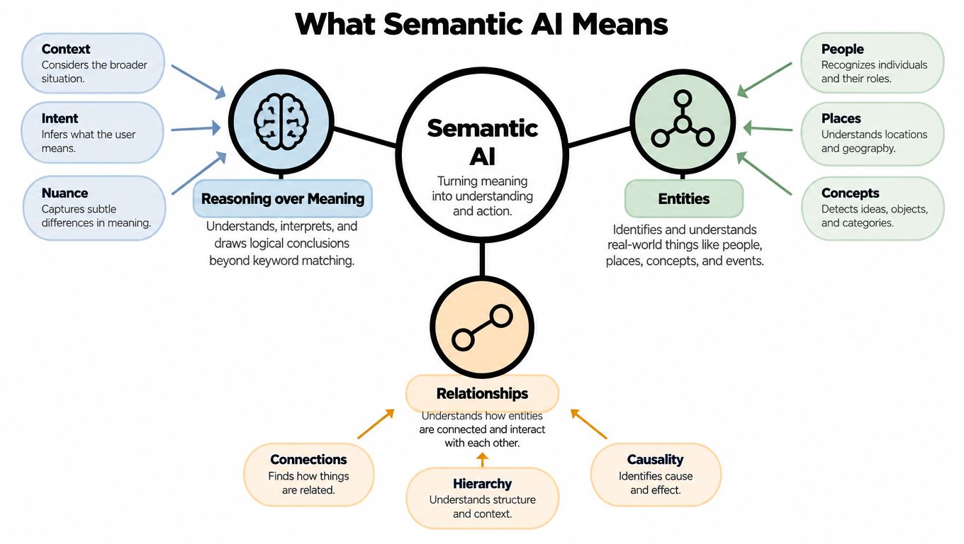 A diagram illustrating the core components of Semantic AI including reasoning, entities, and relationships between concepts.